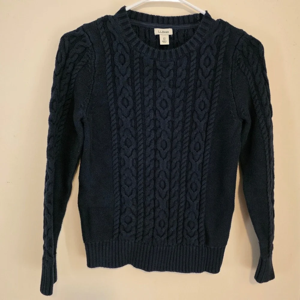 LL Bean Womens Cable Knit Navy Blue Sweater Size XS Petite Cotton Fisherman